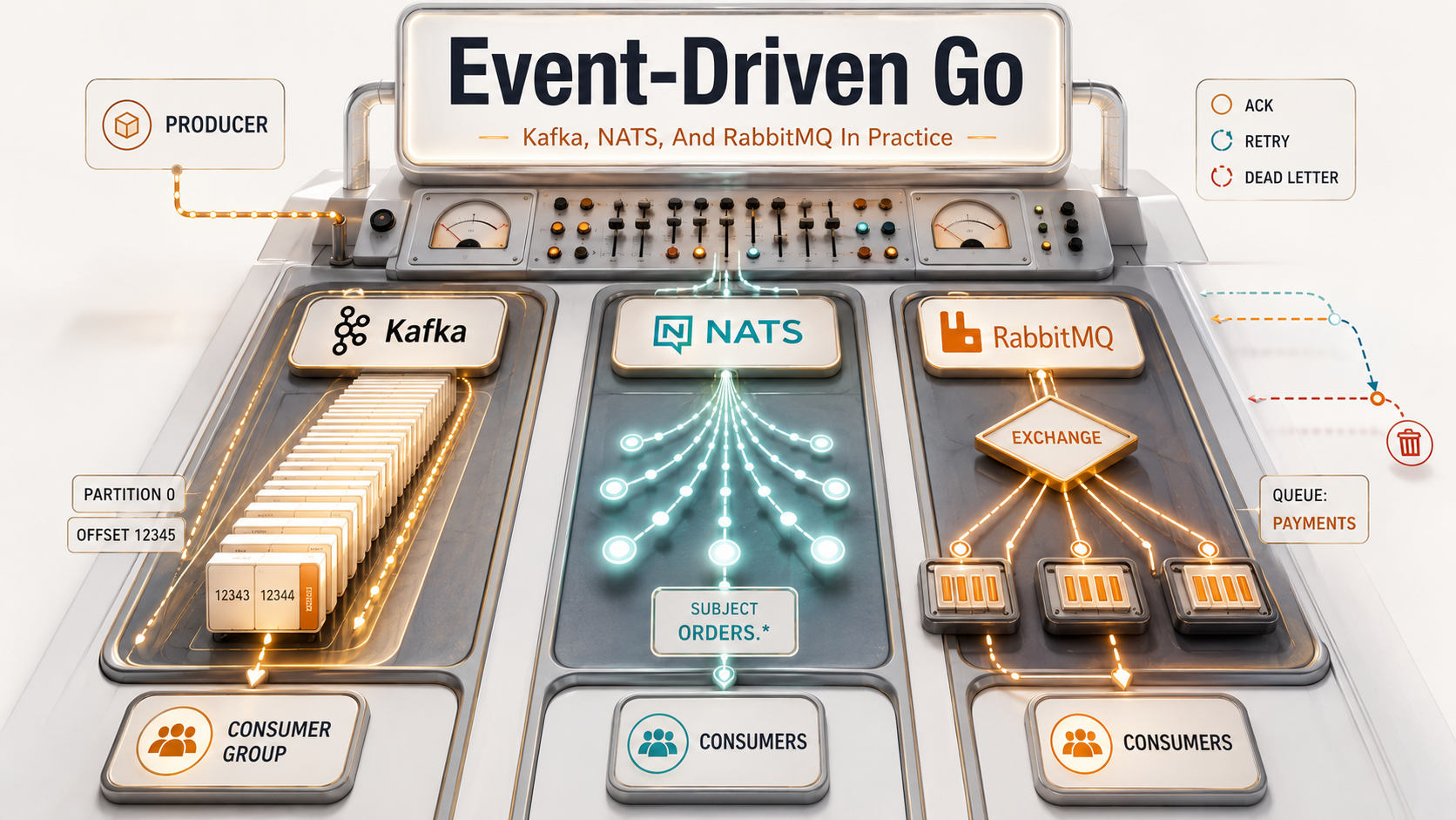 Editorial control-panel cover with three glowing lanes labeled Kafka (numbered offset cards), NATS (subject fan-out cluster), and RabbitMQ (exchange diamond routing into named queues), framed by labels for producer, consumer group, ack, retry, and dead letter under an 'Event-Driven Go' sign.
