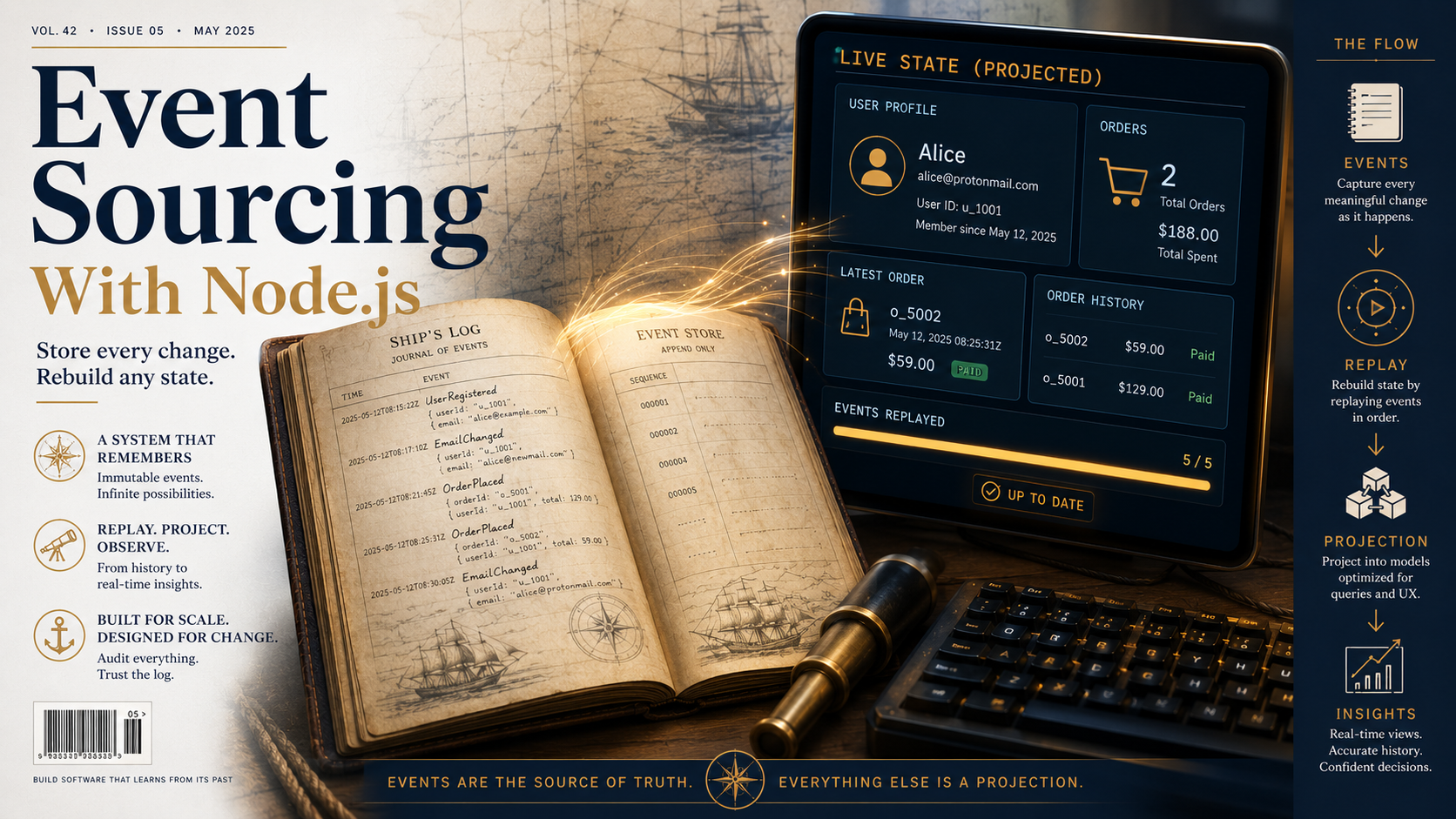Editorial cover for Event Sourcing With Node.js: an old ship logbook replayed into a glowing terminal that reassembles current state on a live dashboard, labeled with UserRegistered, EmailChanged, OrderPlaced, Projection, and Replay