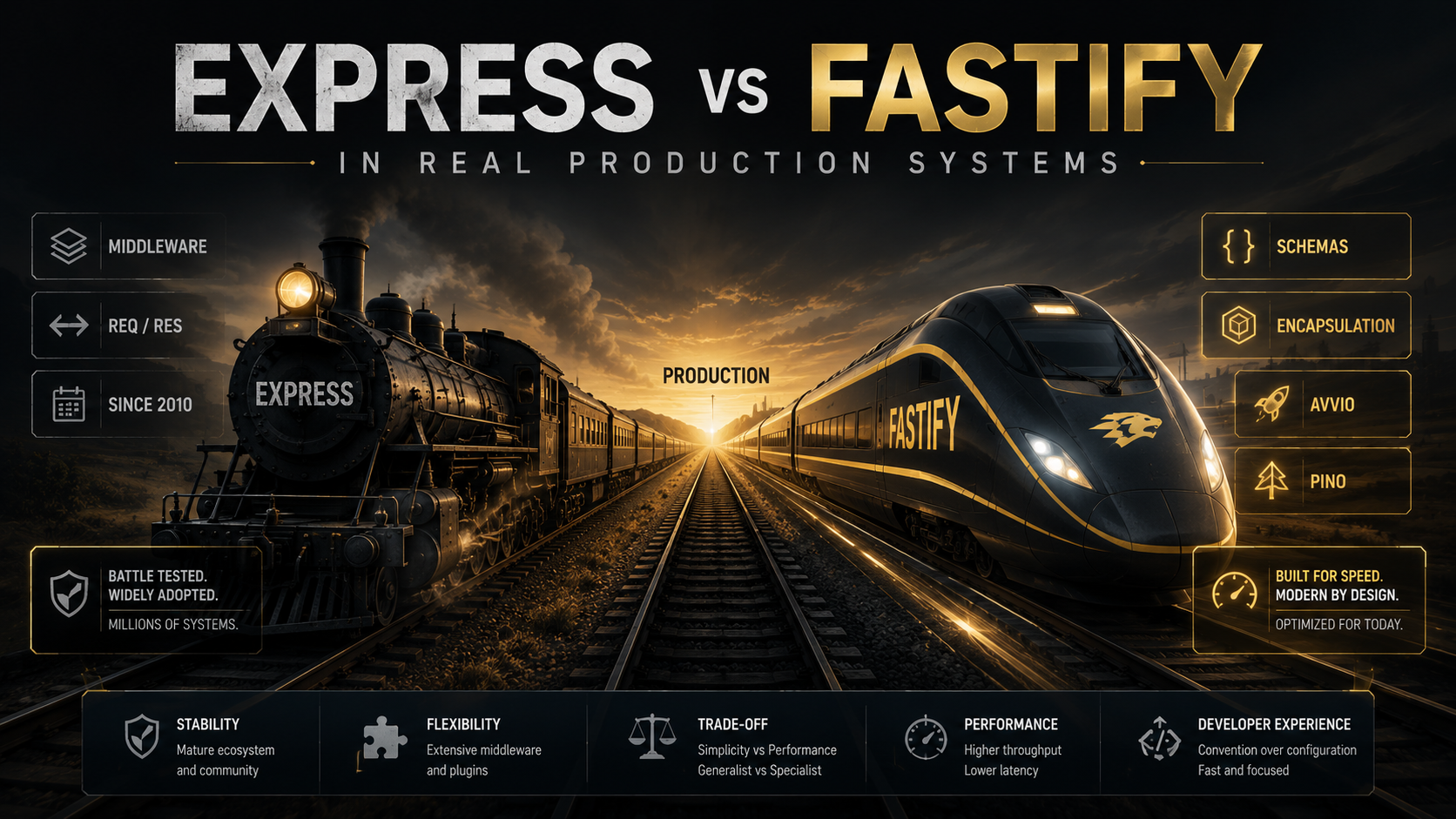 A split editorial scene: a vintage workhorse locomotive labeled Express on worn tracks beside a sleek bullet train labeled Fastify, both accelerating toward a shared horizon labeled production.
