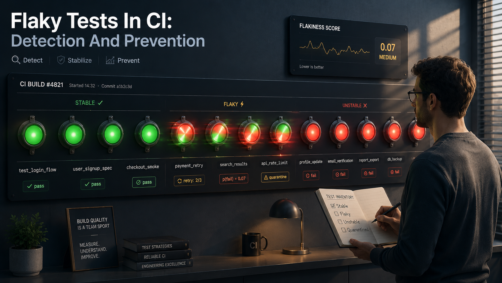 Patent-style schematic of a CI build dashboard with a row of status lamps, several in the middle flickering between green and red while a developer in the foreground takes inventory in a notebook.