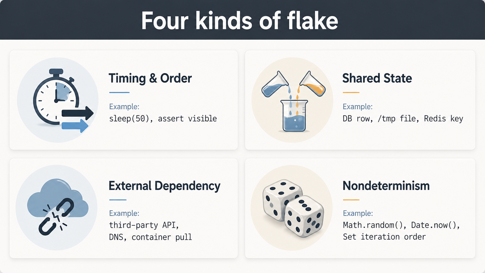 Four kinds of flake: a 2x2 taxonomy comparing timing/order, shared state, external dependency, and nondeterminism