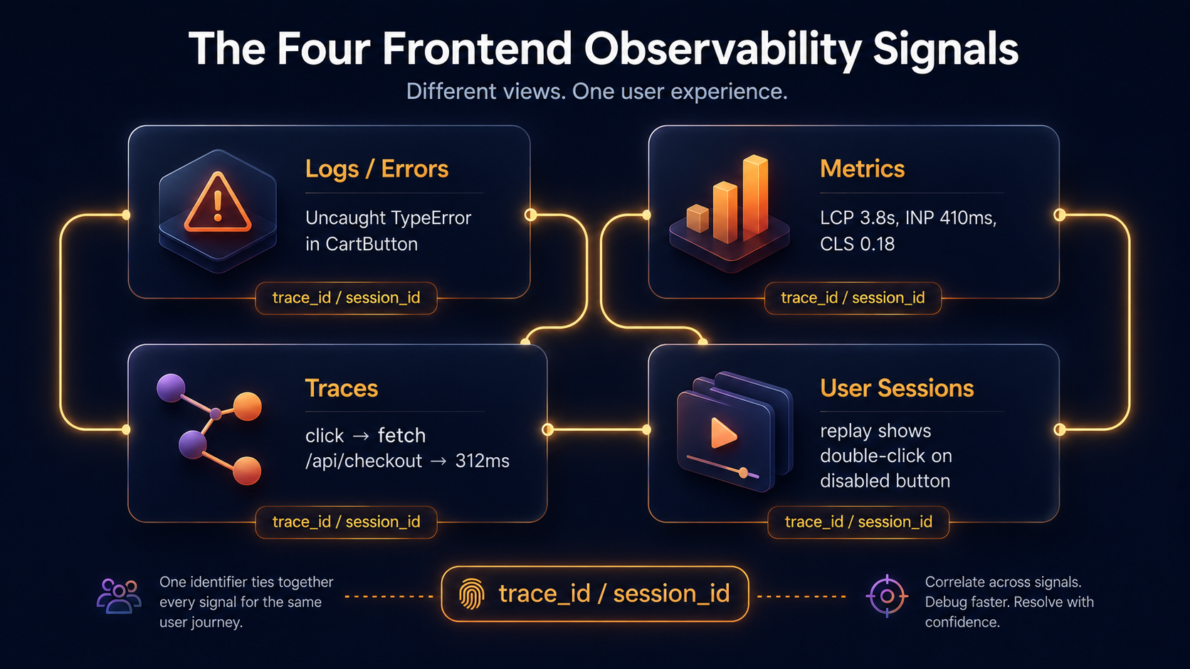 Four-quadrant diagram showing logs, metrics, traces, and user sessions as the four frontend observability signals, threaded by a shared trace_id and session_id