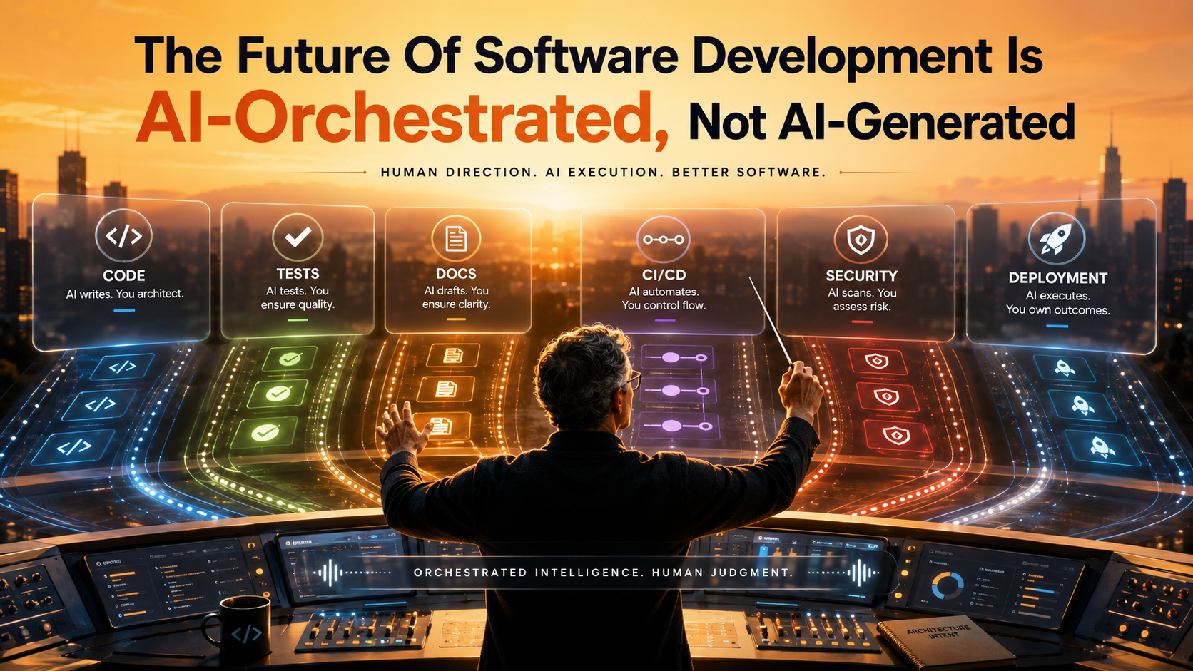 Grand orchestral control-room metaphor with a senior developer conducting workflows across code, tests, docs, CI/CD, security, and deployment lanes on a sunrise orange gradient background with glassmorphism panels