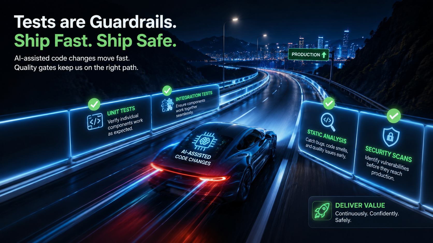 Cinematic night-highway visual metaphor of tests as guardrails on a high-speed software delivery road, with AI-assisted code changes moving quickly down the road while unit tests, integration tests, static analysis, and security scans act as strong guardrails