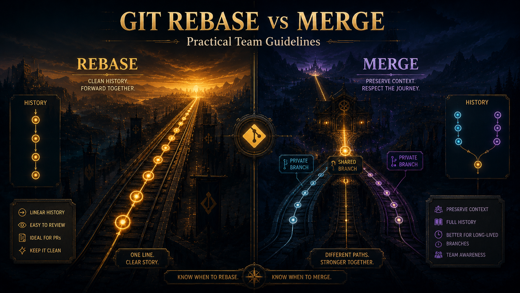 Split-scene diagram contrasting rebase as a single straight line of re-applied commits with merge as two tracks joining at a glowing merge commit, in a warm risograph palette.
