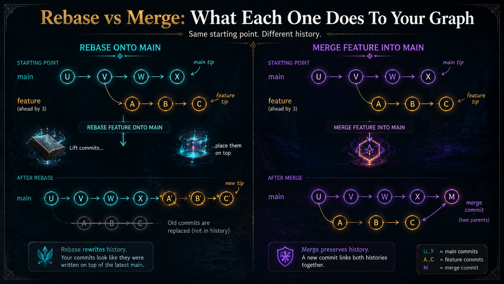 Side-by-side comparison: on the left a rebase lifts commits A, B, C off a feature branch and re-applies them as A', B', C' on top of main with new SHAs; on the right a merge keeps the original commits intact and adds a single merge commit M with two parent pointers back to the feature tip and the main tip.