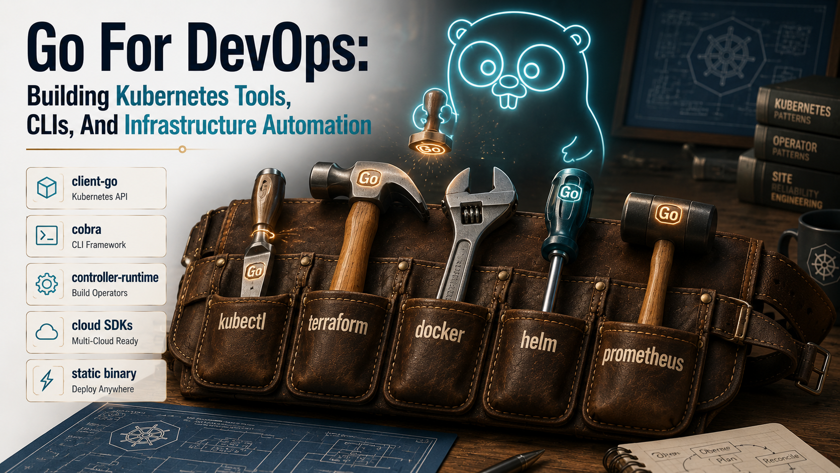 Editorial cover for Go for DevOps: an open leather tool belt on a workbench with labelled tools (kubectl, terraform, docker, helm, prometheus) and a glowing Go gopher stamping each one