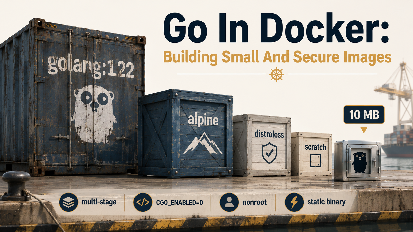 Editorial cover showing Russian nesting dolls on a shipping dock - a huge golang:1.22 cargo container on the left shrinking through alpine, distroless and scratch to a tiny steel box on the right holding a Go gopher silhouette, with labels for multi-stage, CGO_ENABLED=0, nonroot and 10 MB.