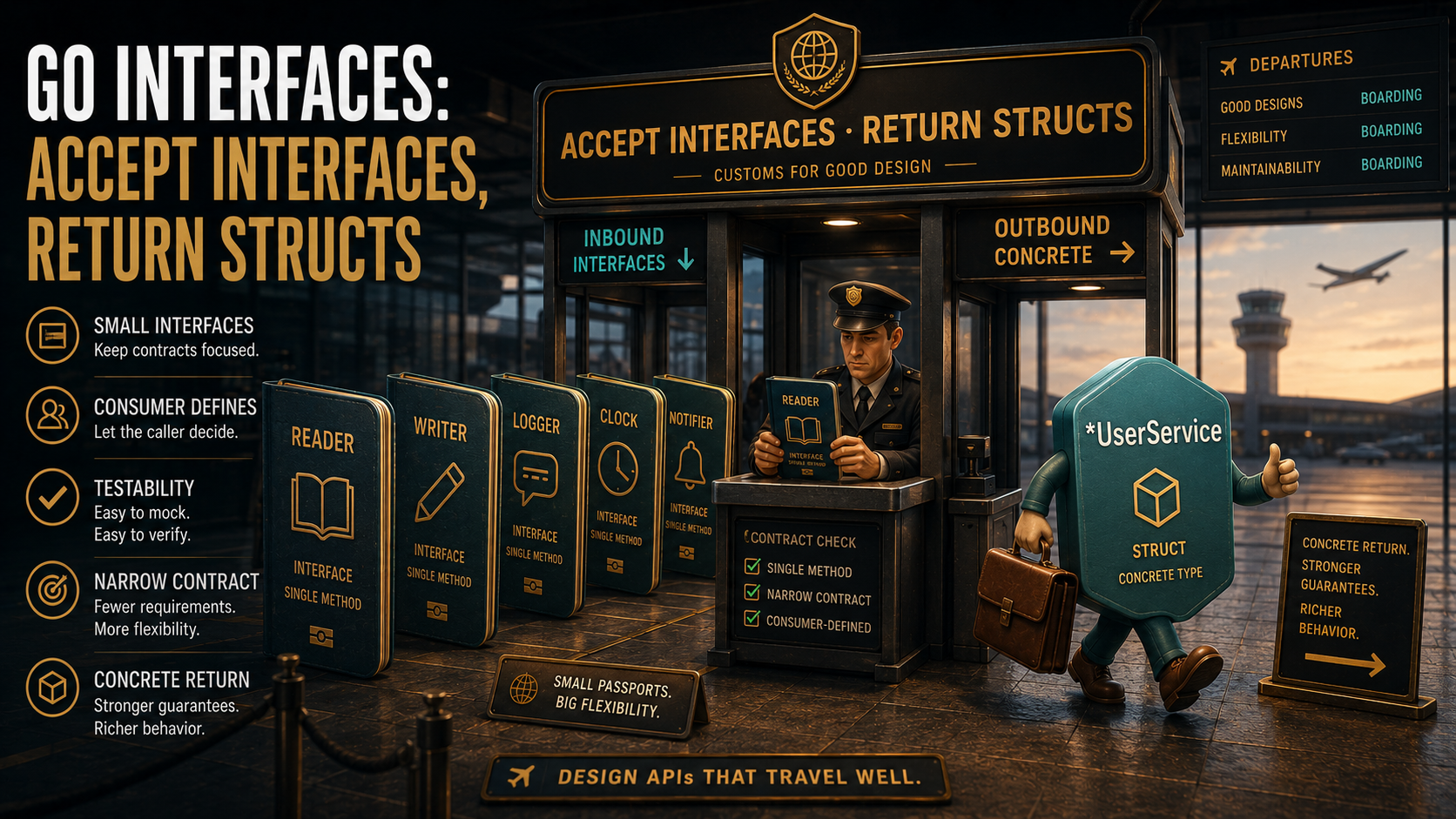 Editorial poster of a stylized airport gate where small interface passports labeled Reader, Writer, Logger, Clock, and Notifier arrive from the left and a single confident UserService struct walks out the right, under a sign reading Accept interfaces, Return structs.