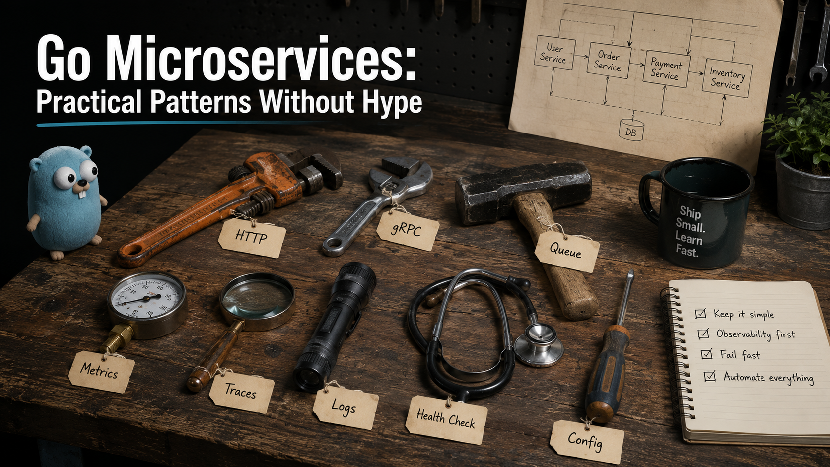 Wooden workbench shot from above with eight real tools (pipe wrench, spanner, hammer, pressure gauge, flashlight, magnifying glass, stethoscope, screwdriver) each tagged with a paper label naming a Go microservice concern: HTTP, gRPC, Queue, Metrics, Traces, Logs, Health Check, Config. A stylized Go gopher mascot sits on the left, a coffee mug reads 'Ship Small. Learn Fast.', a notepad on the right lists 'Keep it simple, Observability first, Fail fast, Automate everything', and an architecture sketch is pinned at the top-right.