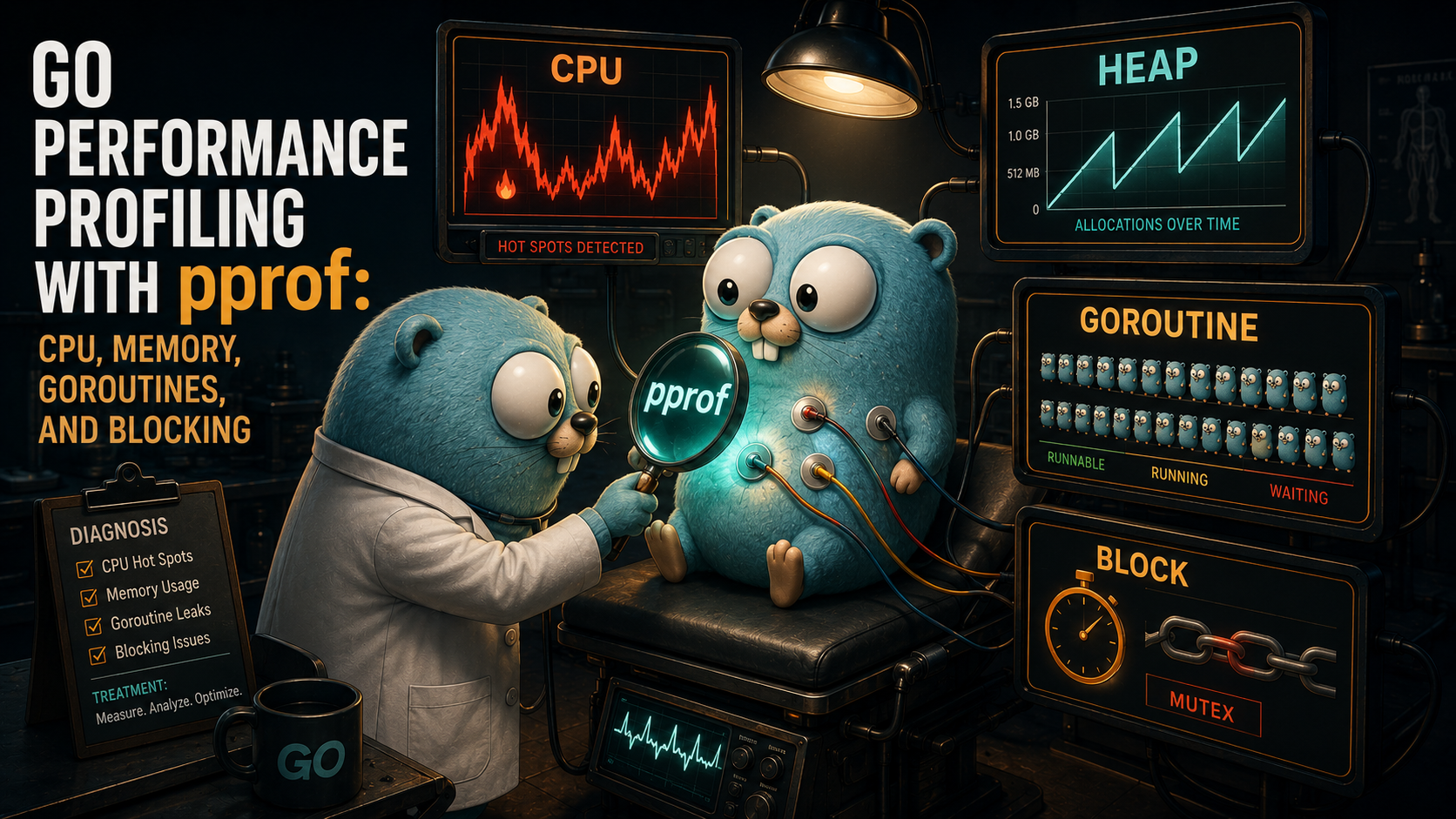 A Go gopher patient hooked up to four diagnostic monitors labeled CPU, HEAP, GOROUTINES, and BLOCK, while a second gopher in a white coat holds a pprof magnifying glass over its chest