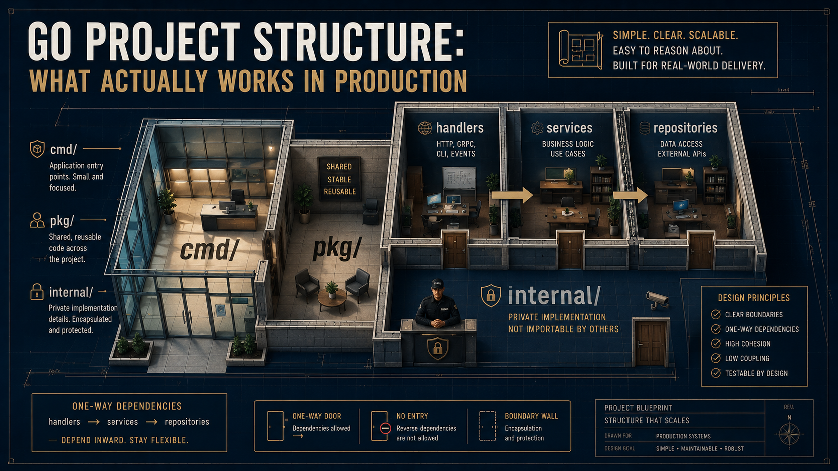 Editorial blueprint of a small office, with rooms labeled cmd, internal, pkg, handlers, services, and repositories, illustrating Go project structure