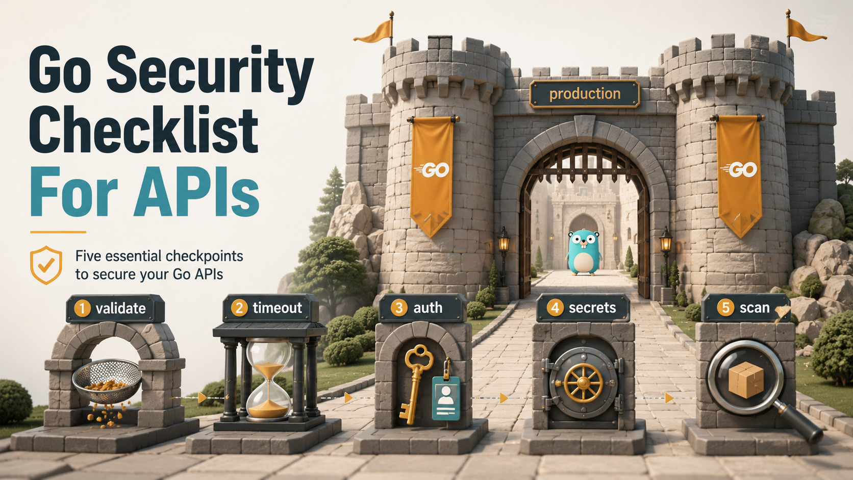 Fortress gate with five labeled security checkpoints guarding a Go API