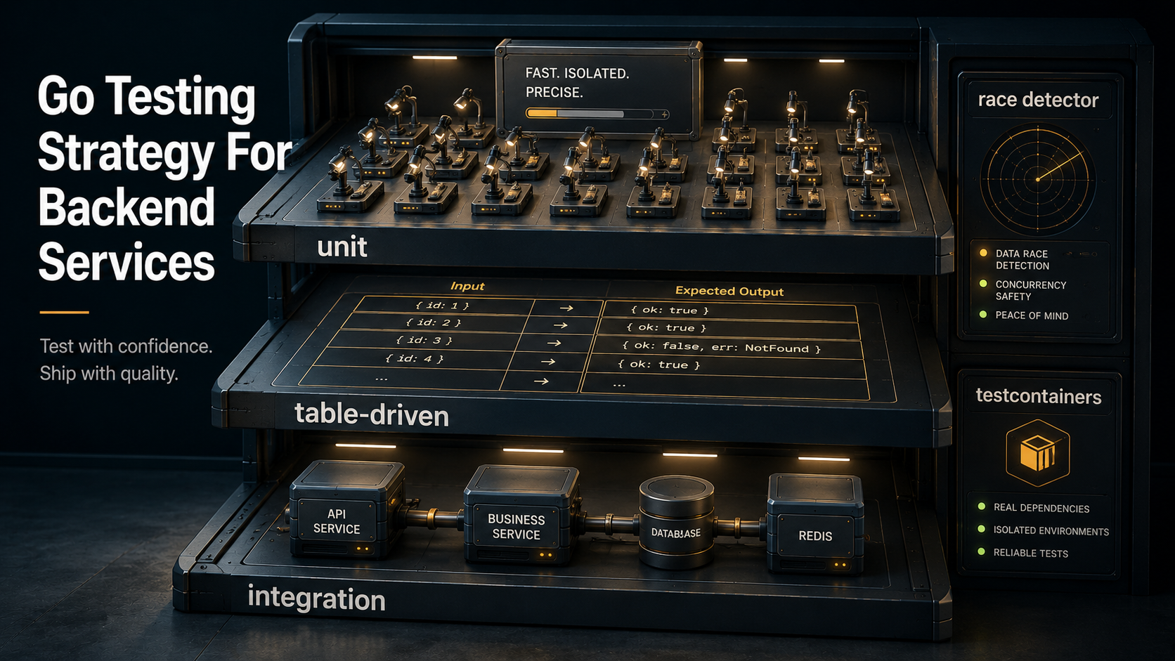 Three-tier editorial cover illustrating a Go backend testing strategy: a top tier of tiny fast unit tests, a middle tier of a table-driven input/output grid, and a bottom tier of connected integration services, with labels for race detector and testcontainers.
