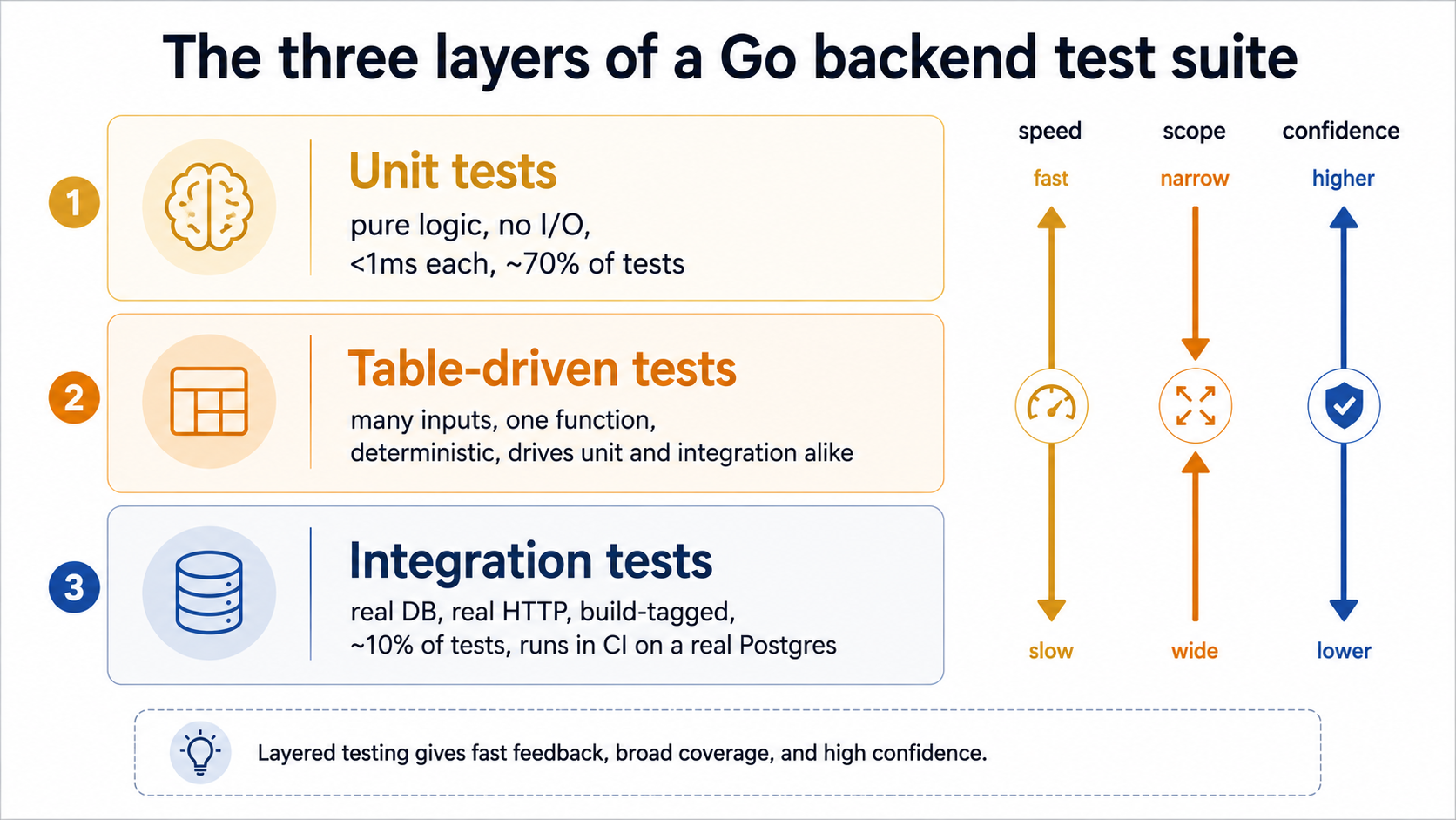 Three stacked horizontal bands labeled unit tests, table-driven tests, and integration tests, with speed, scope, and confidence arrows on the right.