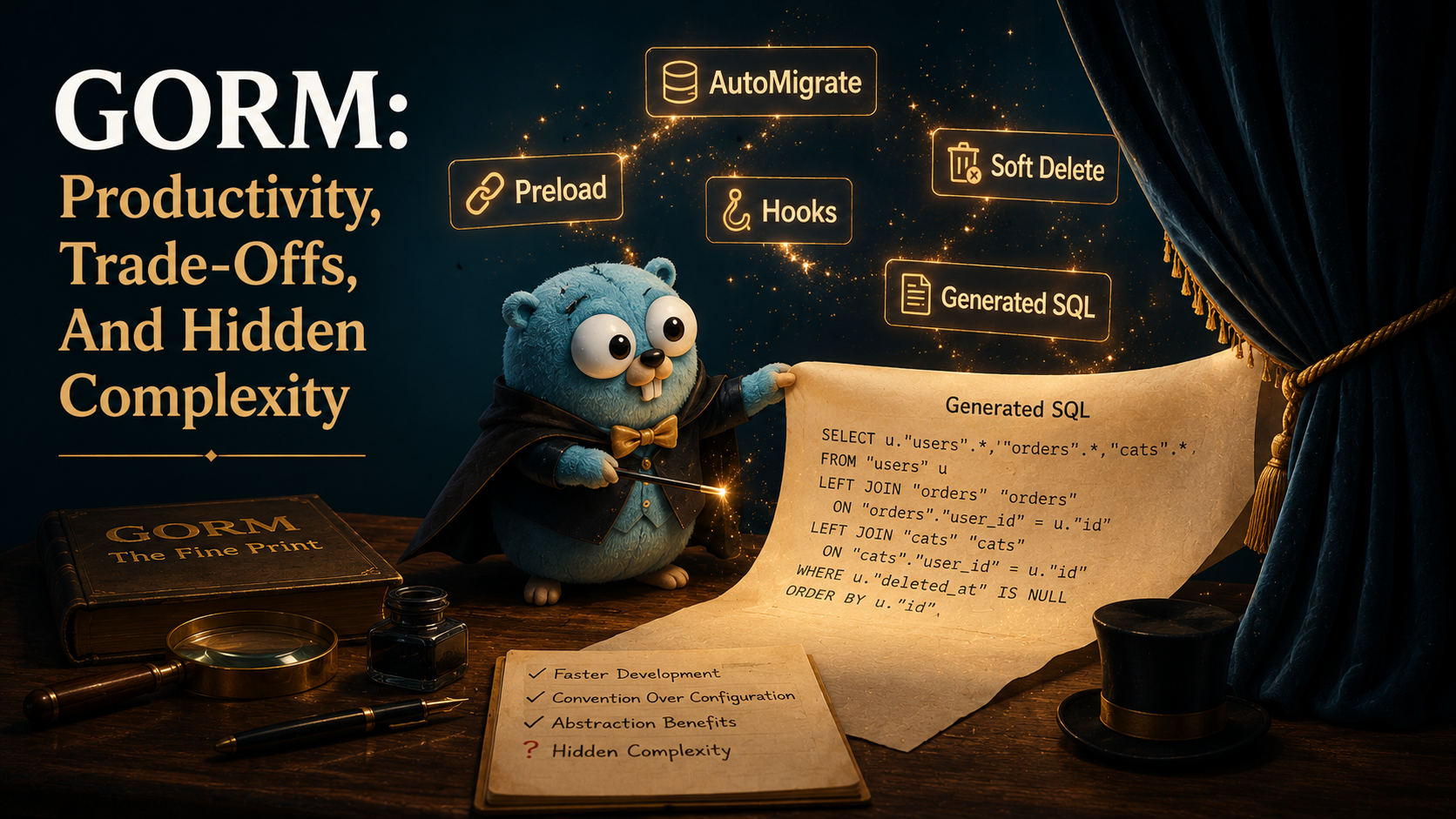 The Go gopher as a stage magician pulling a SQL query from behind a velvet curtain, with GORM concepts like AutoMigrate and Preload floating above on a teal and amber backdrop.