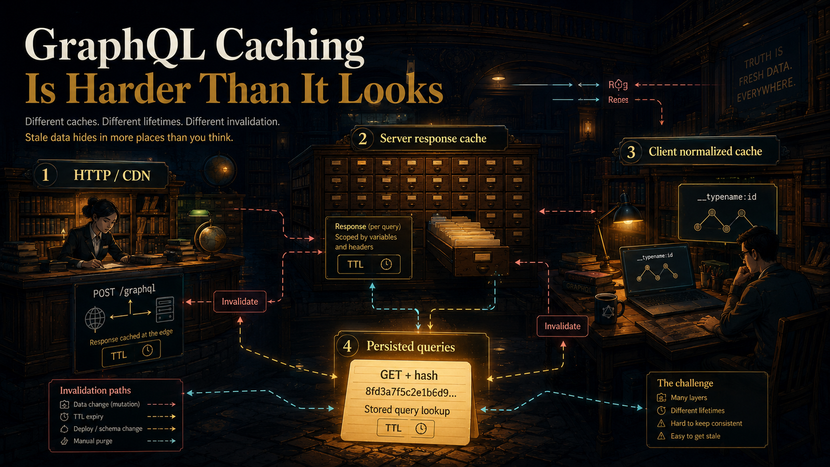 Library metaphor for the four GraphQL caches: HTTP/CDN shelf, server response cabinet, client normalized desk, and persisted-queries index card, connected by invalidation arrows