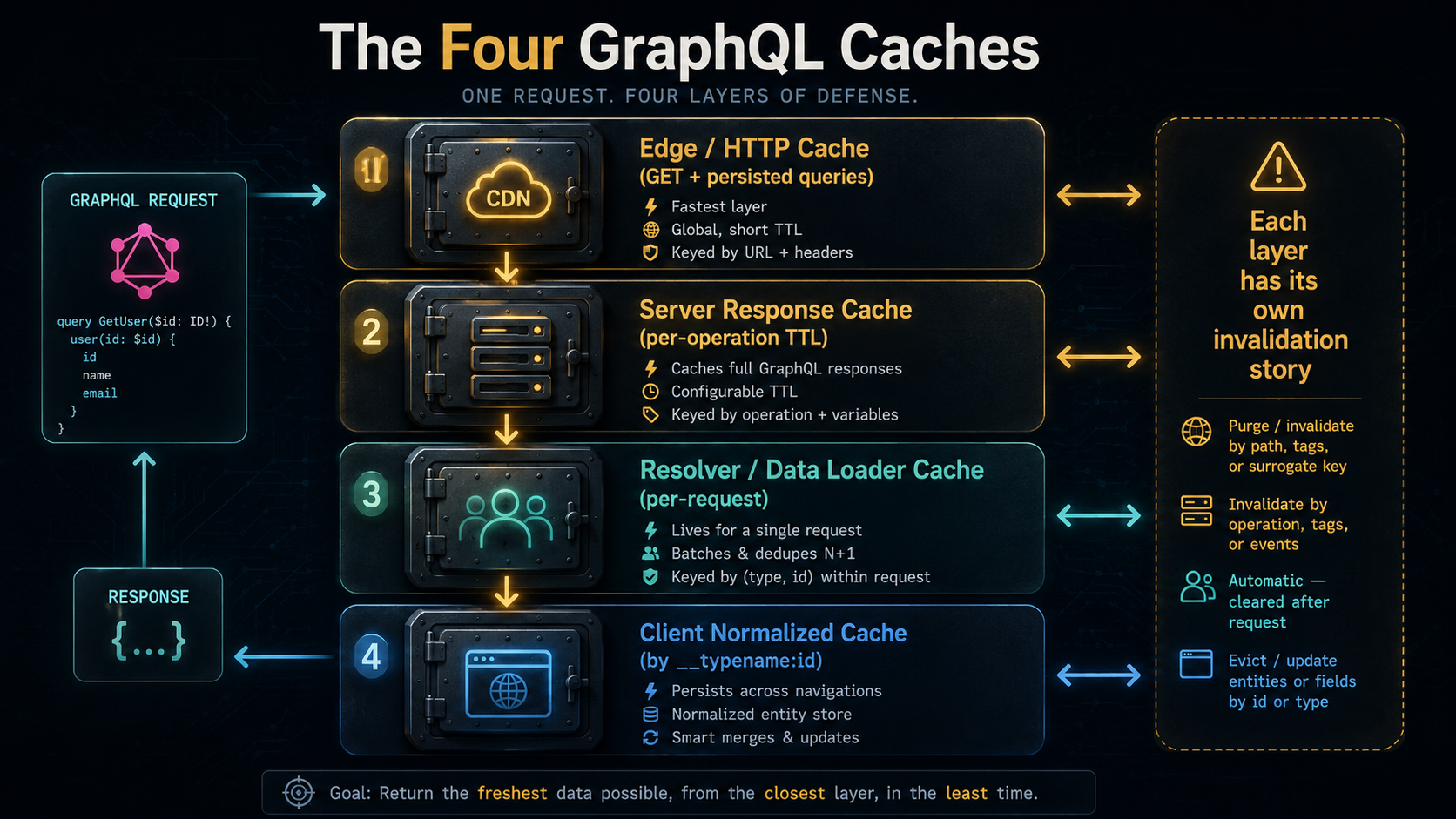 Architecture diagram showing the four GraphQL cache layers stacked vertically: edge HTTP cache, server response cache, resolver/DataLoader cache, and client normalized cache