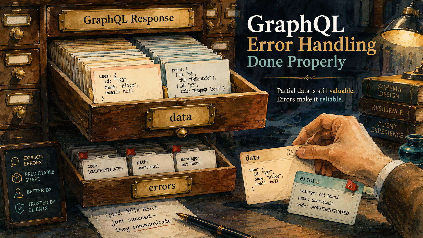 GraphQL response visualized as a card-catalog cabinet: a 'data' drawer with partial user fields and an 'errors' drawer with three red-flagged error code cards, alongside an HTTP 200 OK badge.