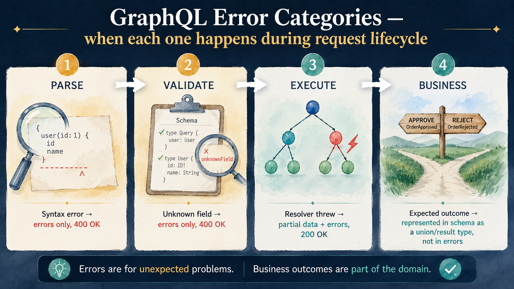 Horizontal diagram of the four GraphQL error categories: parse, validate, execute (resolver errors with partial data), and business outcomes modeled as schema unions.