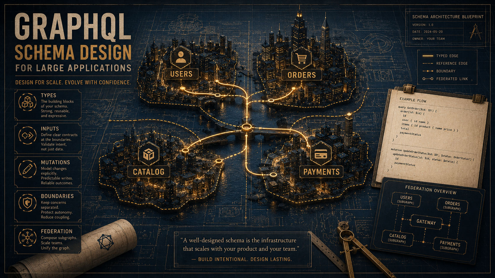 An architect's blueprint laid over a city skyline with four labeled districts — Users, Orders, Catalog, Payments — connected by typed transit lines, with chapter tags Types, Inputs, Mutations, Boundaries, Federation across the top.