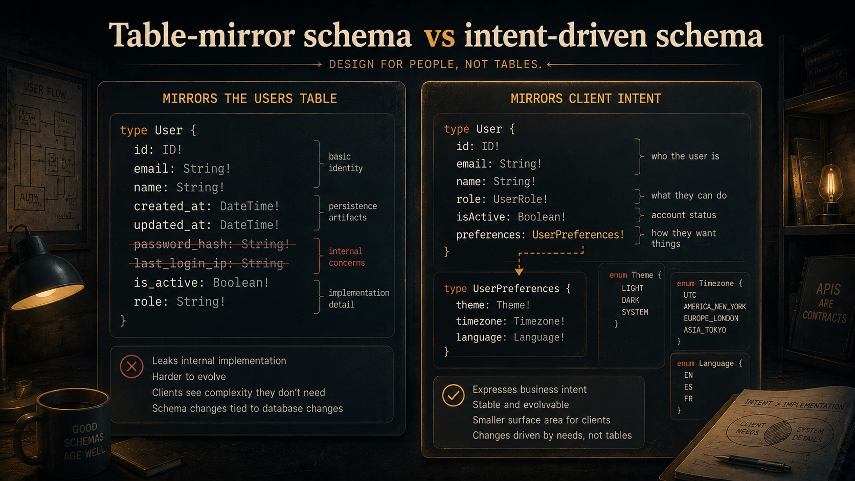 Two side-by-side User type definitions — one mirroring the users table with nine fields (password_hash and last_login_ip struck through in red), the other mirroring client intent with a clean six-field type pointing to a typed UserPreferences sub-object.