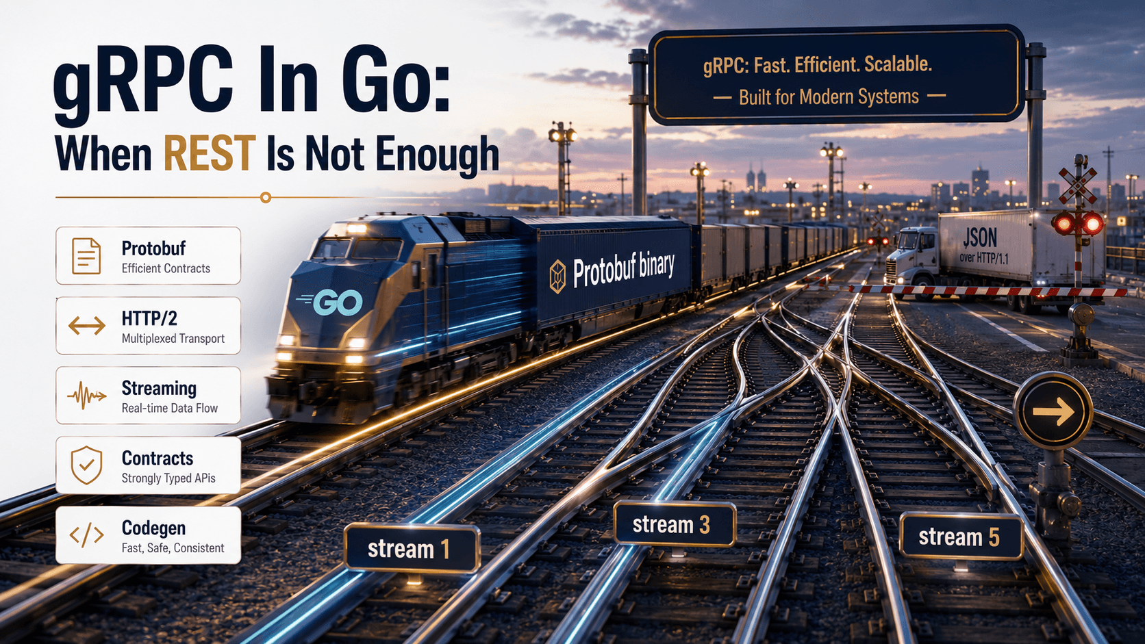 Editorial switchyard cover illustrating gRPC in Go: HTTP/2 stream rails carrying a Protobuf binary train, with a slower JSON over HTTP/1.1 truck stuck at a level crossing