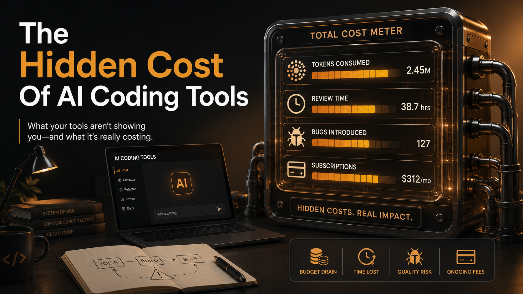 Cinematic finance-and-engineering metaphor showing a sleek developer workstation connected to a transparent cost meter measuring tokens, review time, bugs, and subscriptions, on matte charcoal with warm amber lighting