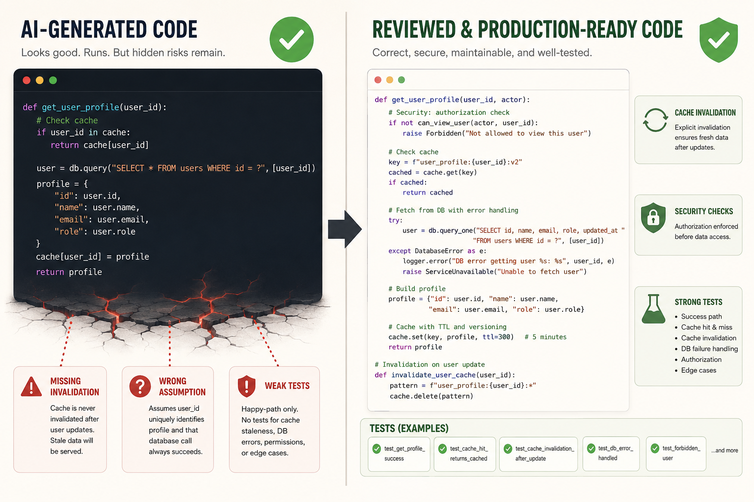 Split-screen technical illustration: AI-generated code with a green checkmark but hidden red cracks labeled 'missing invalidation', 'wrong assumption', 'weak tests' on the left, and reviewed code with tests, cache invalidation, and security checks on the right