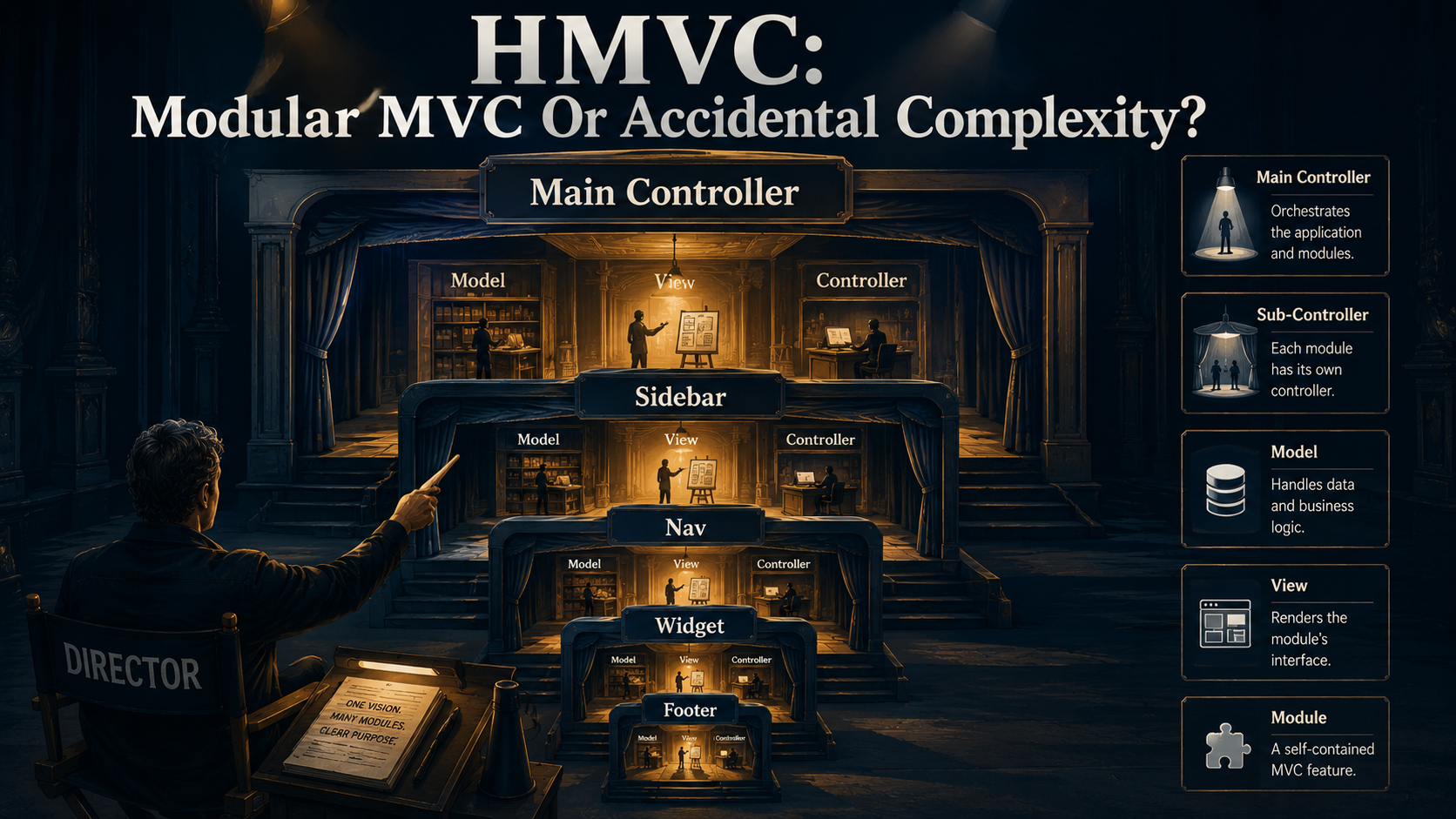 Layered theatre-stage editorial cover for HMVC: one large stage labeled Main Controller behind smaller nested stages labeled Sidebar, Nav, Widget, Footer, each a tiny MVC scene with model, view, and controller silhouettes in dark navy and warm gold.