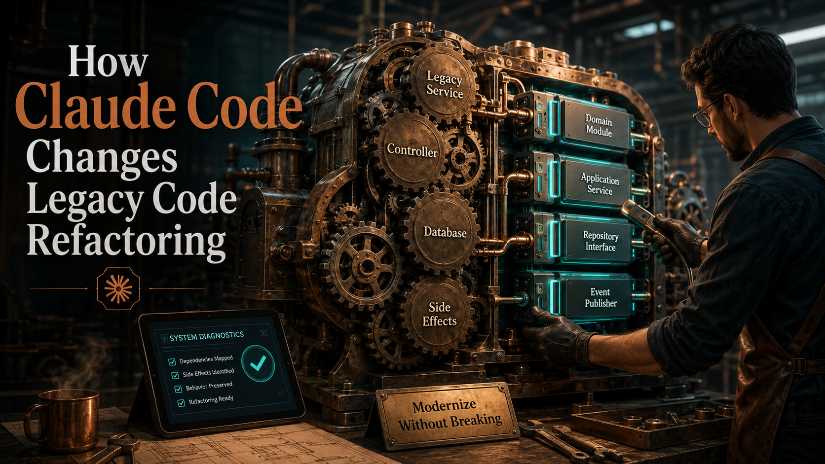 Workshop scene of an old copper-and-teal industrial machine being carefully modernized: aging gears labeled Legacy Service, Controller, Database, and Side Effects on the left; a developer on the right installing new panels labeled Domain Module, Application Service, Repository Interface, and Event Publisher, with a System Diagnostics tablet in the foreground.