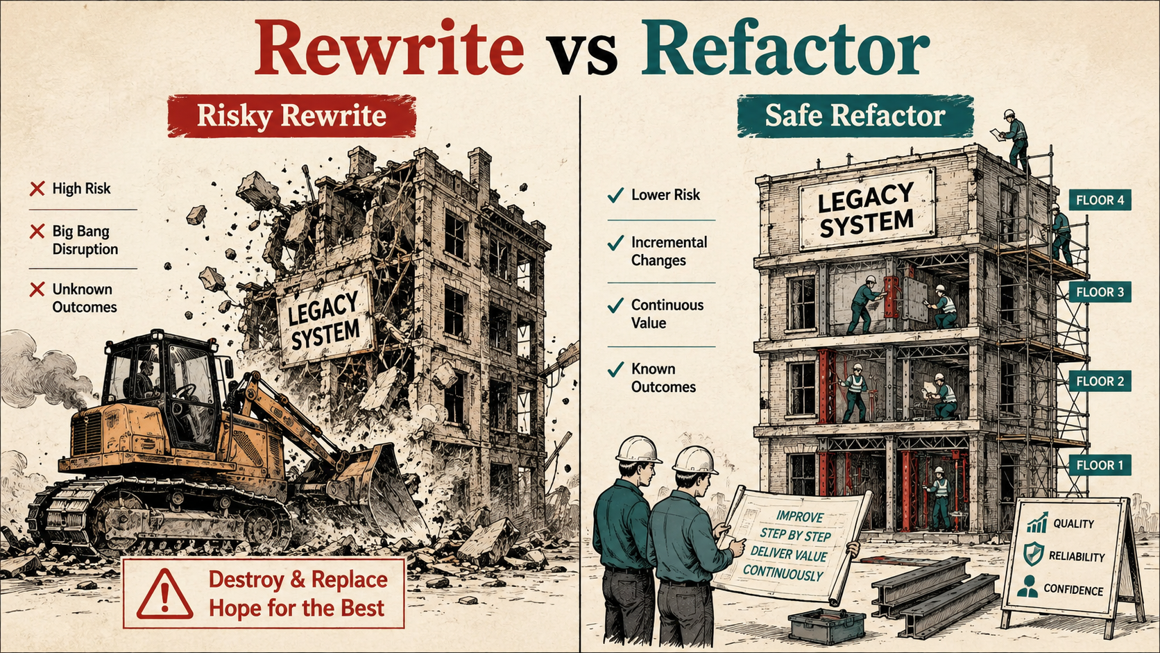 Editorial split-screen titled Rewrite vs Refactor. Left panel Risky Rewrite shows a bulldozer demolishing a Legacy System building with bullets High Risk, Big Bang Disruption, Unknown Outcomes. Right panel Safe Refactor shows engineers reinforcing and upgrading the same building floor by floor with bullets Lower Risk, Incremental Changes, Continuous Value, Known Outcomes. Cream paper texture with black ink lines and red and teal accents.