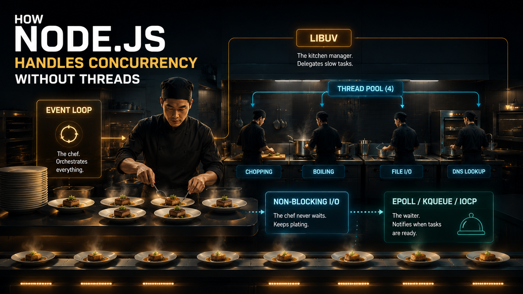 Kitchen metaphor for Node concurrency: one chef at the pass (the event loop) plating non-stop while four background prep cooks (the libuv thread pool) handle the slow tasks, with labels for libuv, epoll, kqueue and IOCP.