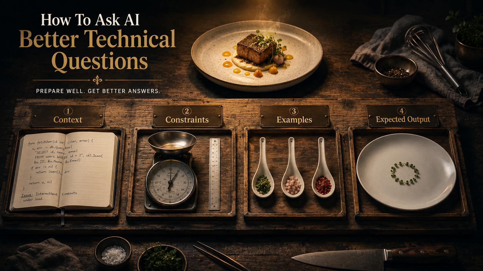 Wooden workbench shot from above with four chef's mise en place stations laid out left to right, labeled Context, Constraints, Examples, and Expected Output, each holding a single iconic prep object, under warm overhead light suggesting the finished dish is about to come together
