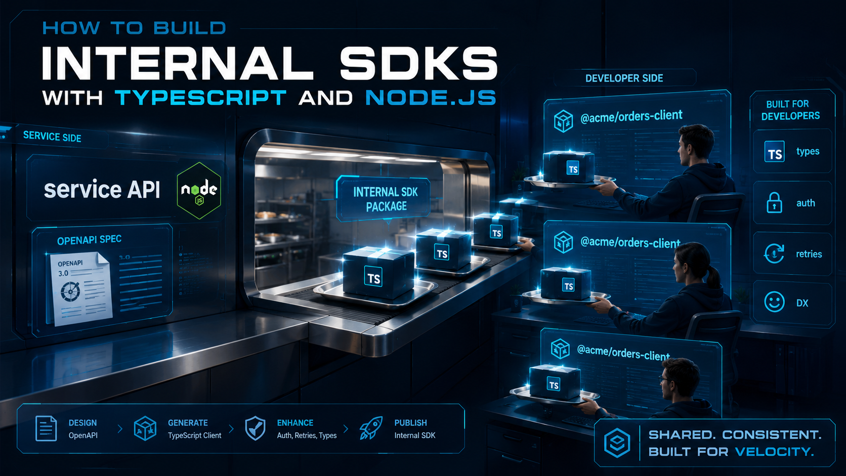 A shared kitchen pass-through metaphor: a service API counter hands identical, plated TypeScript client packages to three developer workstations.