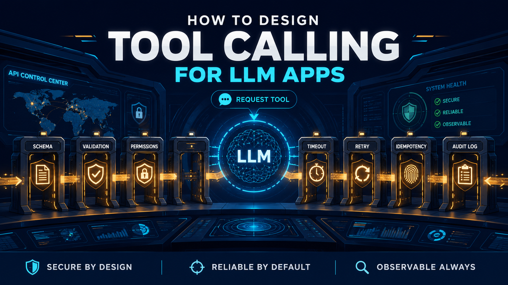 High-security API control room cover with an LLM in the center requesting tools through gates labeled Schema, Validation, Permissions, Timeout, Retry, Idempotency, and Audit Log on a deep navy background with cyan and amber accents
