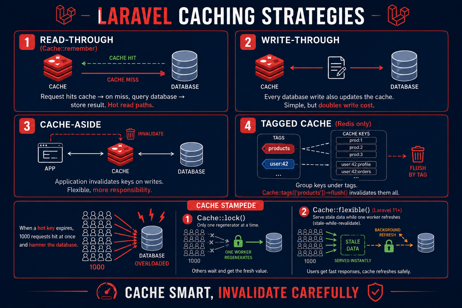 A 2x2 grid of Laravel caching strategies, read-through, write-through, cache-aside, and tagged cache, plus a callout explaining cache stampede and the two fixes (atomic locks via Cache::lock() and stale-while-revalidate via Cache::flexible()).