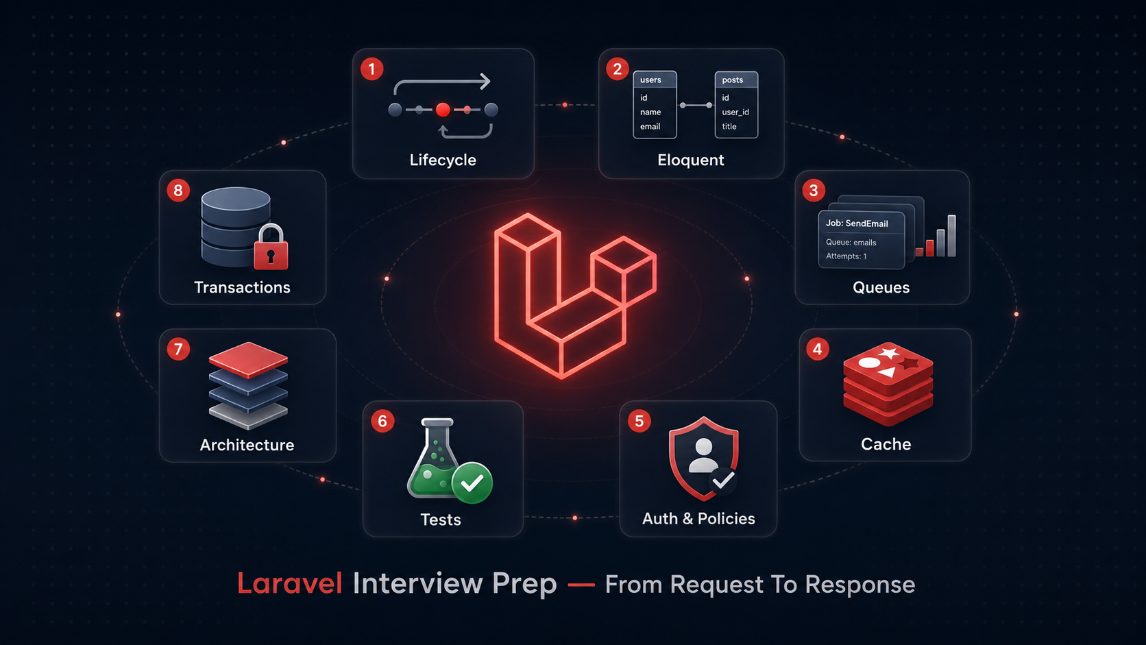 Laravel interview prep cover: a centered Laravel logomark surrounded by eight orbiting icon-cards for Lifecycle, Eloquent, Queues, Cache, Auth, Tests, Architecture, and Transactions.