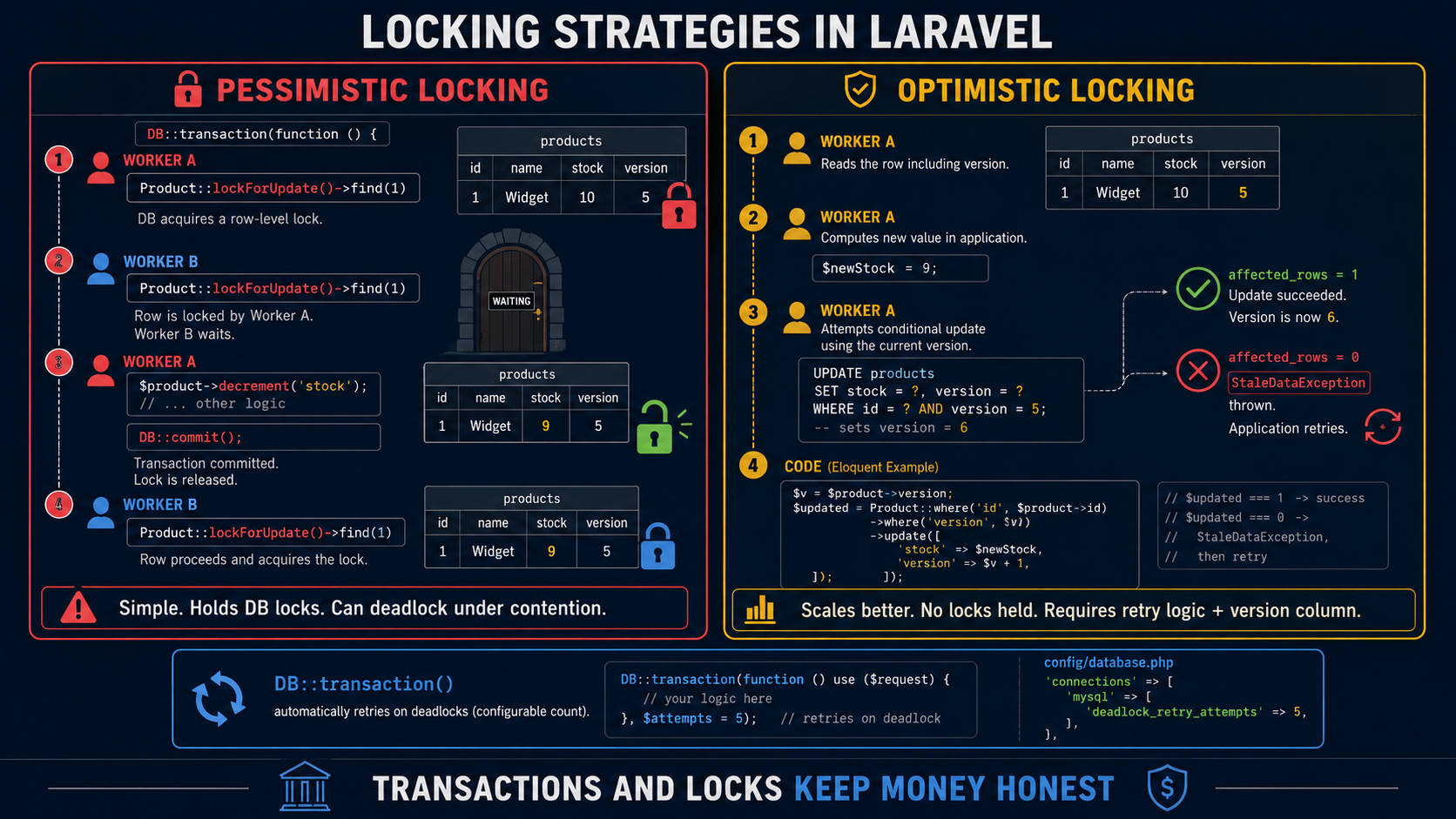 Side-by-side diagram comparing pessimistic locking (DB-level row lock via lockForUpdate inside a transaction, with another worker waiting) versus optimistic locking (version column check on UPDATE, retry on stale data), plus a tradeoff panel.