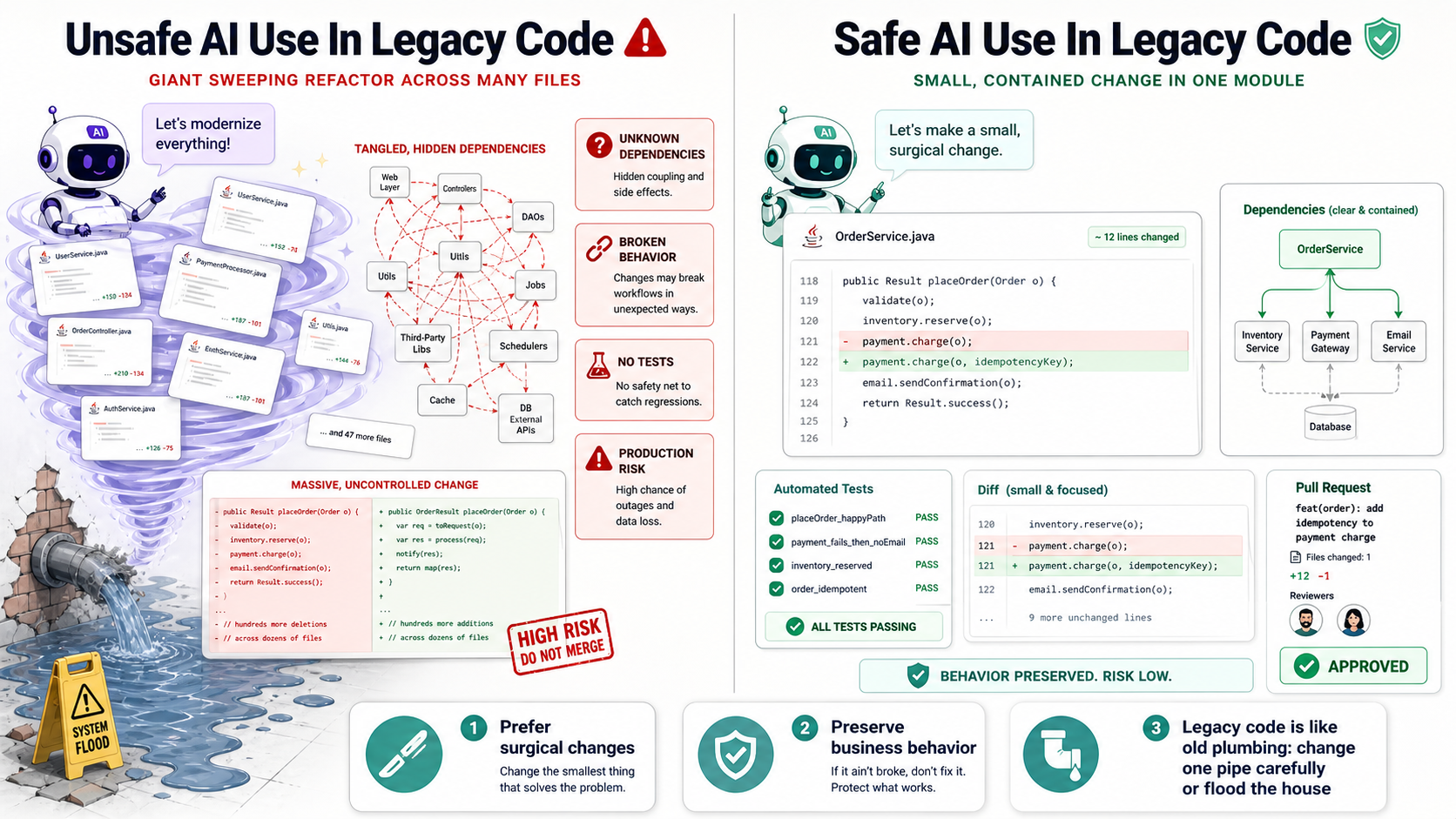 A comparison of unsafe AI refactoring across many legacy files versus a safe small AI-assisted change backed by tests and human review.