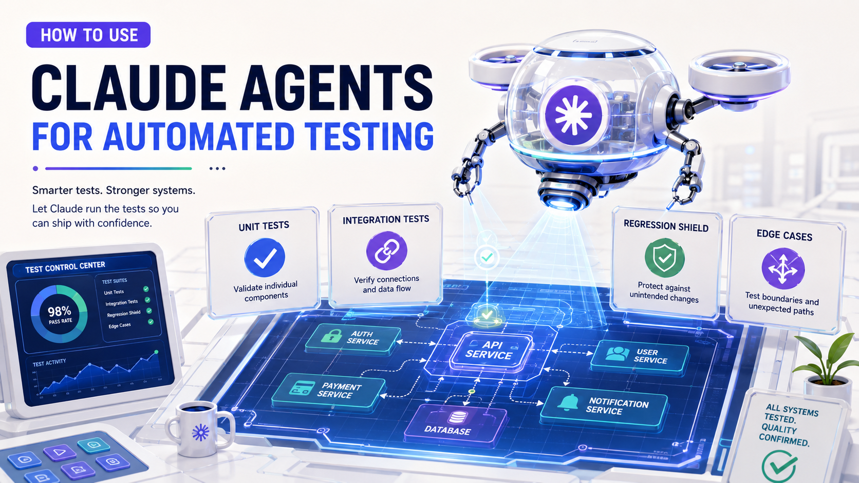 Bright laboratory-control-room cover showing an AI testing agent as a transparent inspection drone scanning a backend service blueprint with labeled zones for Unit Tests, Integration Tests, Regression Shield, and Edge Cases on a clean off-white background