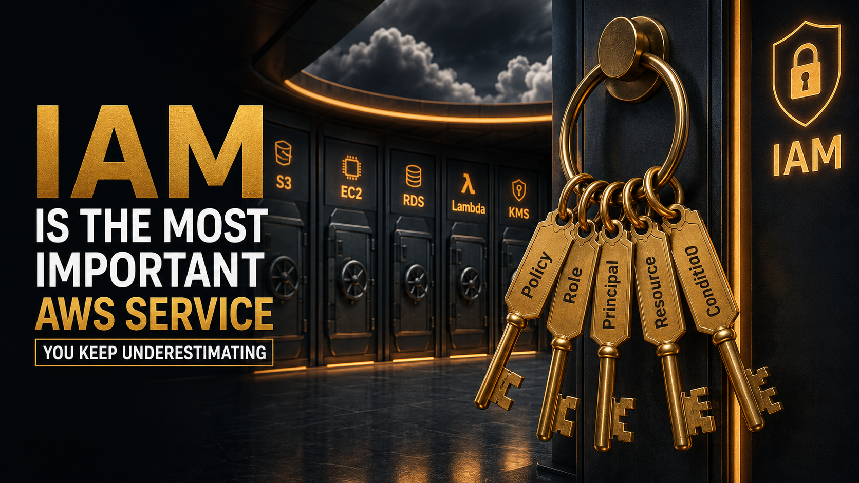 Editorial cover: a labeled IAM master key ring hanging at the entrance of a cloud datacenter, with vaults marked S3, EC2, RDS, Lambda, KMS behind it.