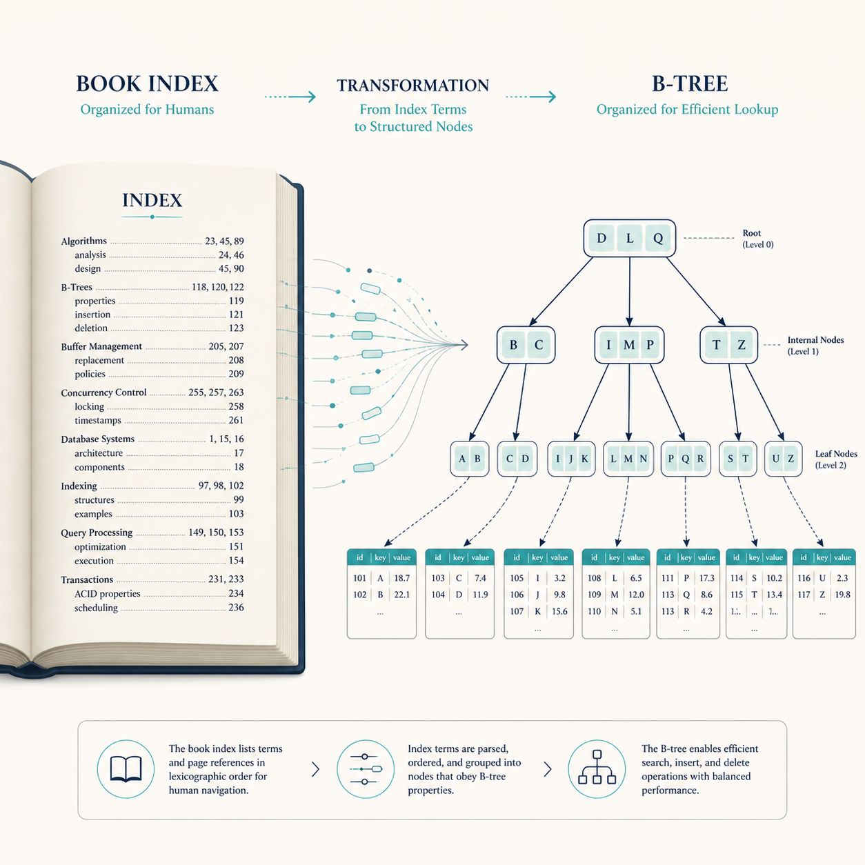 Visual transformation from a printed book index — alphabetical entries with page numbers — to a B-tree, organized into a balanced root, internal nodes, and leaf nodes with sibling pointers. Caption: "the book index lists terms and page references to be looked up linearly by humans; the B-tree node stores keys and pointers and reads the same kind of information in logarithmic time, with balanced performance."