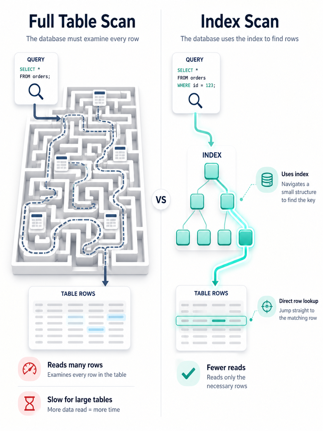 Side-by-side illustration showing two ways to find data. On the left, "Full Table Scan" is drawn as a chaotic maze where a query has to wander through every row to reach the answer. On the right, "Index Scan" is drawn as a clean B-tree that takes the query directly down a few levels to the matching rows — labeled "navigates a small structure to find the key, jumps straight to the matching row, fewer reads".