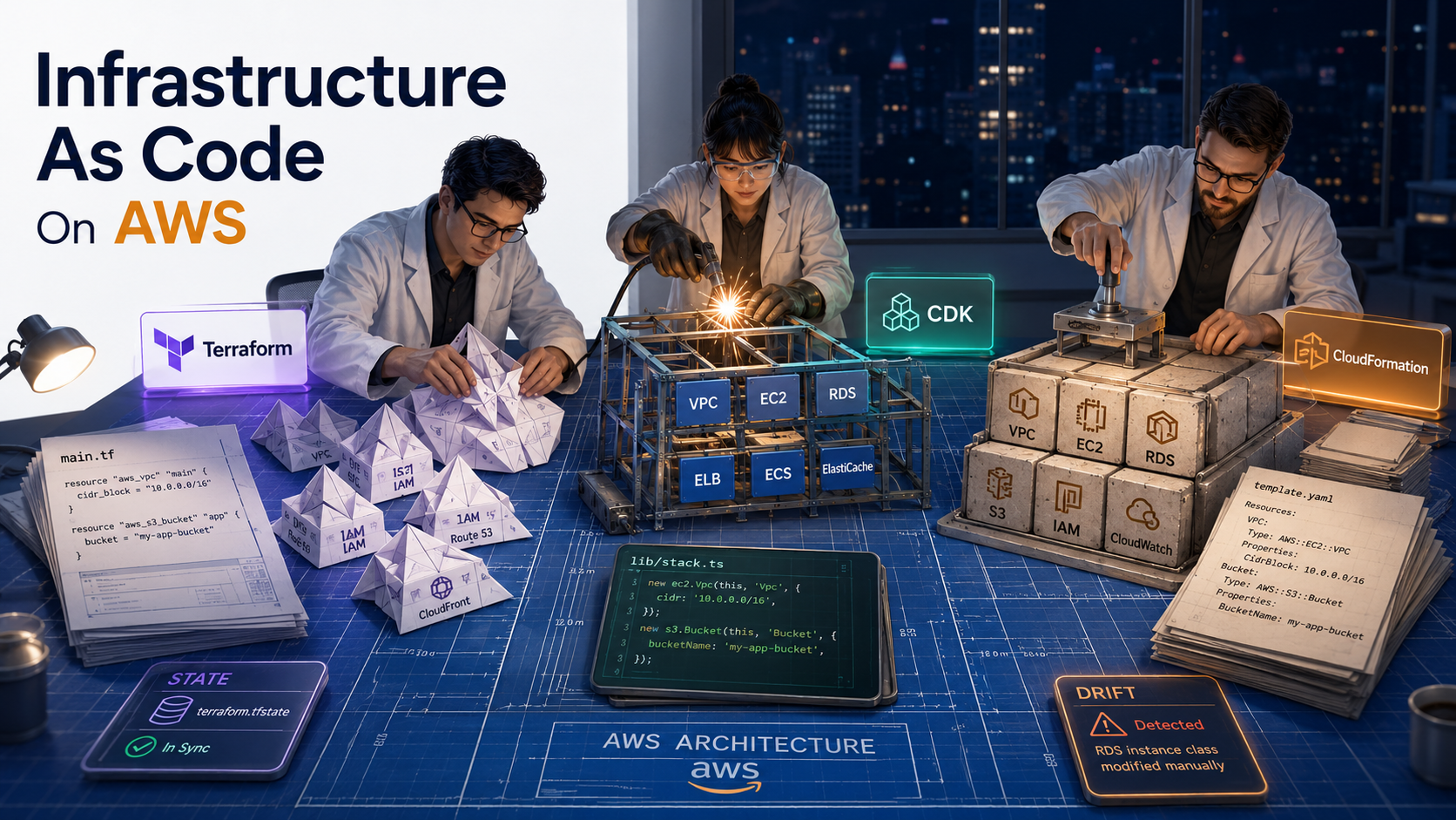 Editorial blueprint-table scene at night with three architects assembling the same AWS data center from different toolkits: origami HCL buildings, TypeScript steel girders, and CloudFormation YAML tiles, labeled Terraform, CDK, CloudFormation, drift, and state.