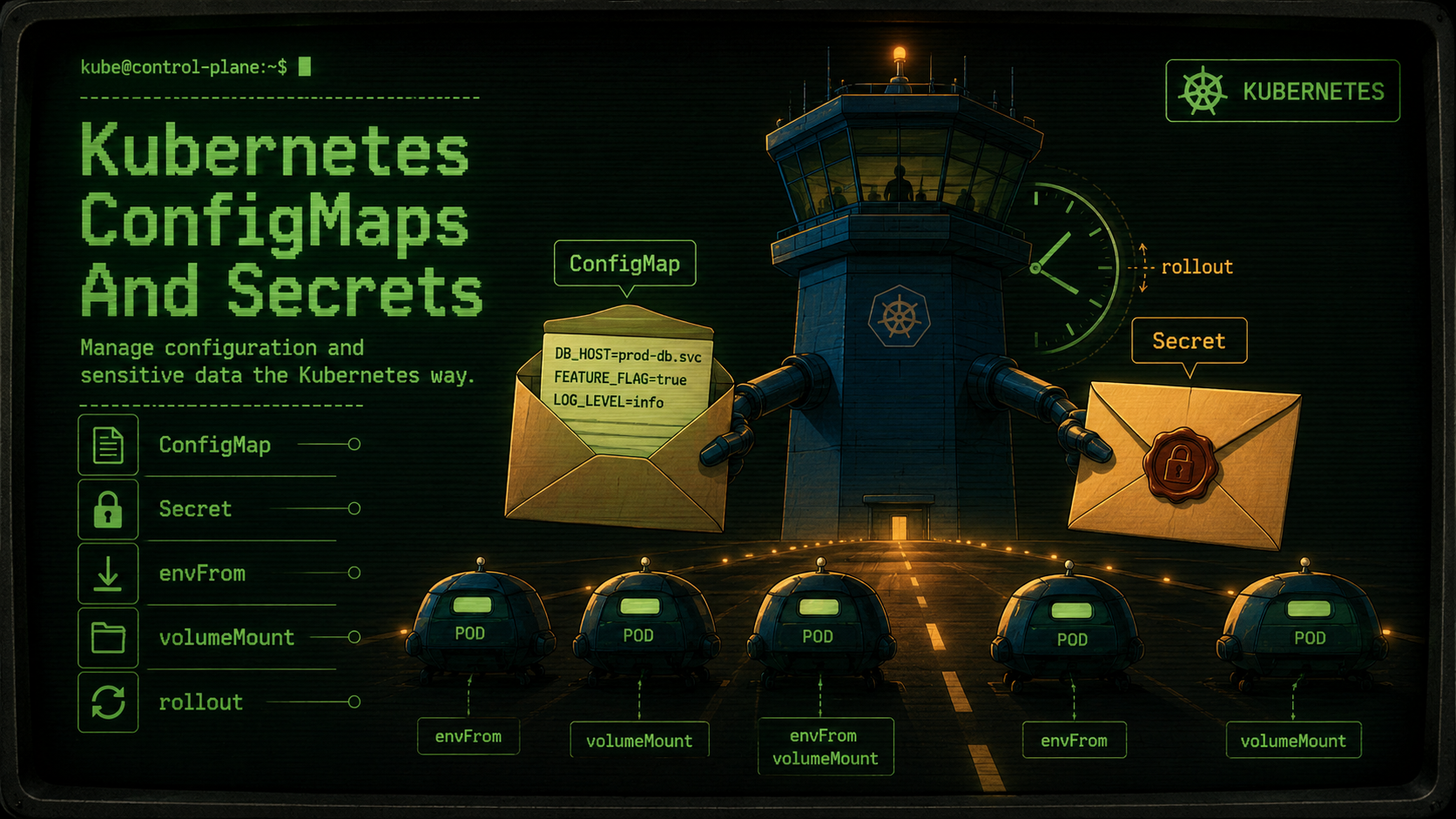Kubernetes-blue control tower handing two labeled envelopes (an open ConfigMap card showing DB_HOST, FEATURE_FLAG, and LOG_LEVEL, and a sealed Secret with a wax lock) to a row of pods on a runway under a clock hinting at rollout timing.