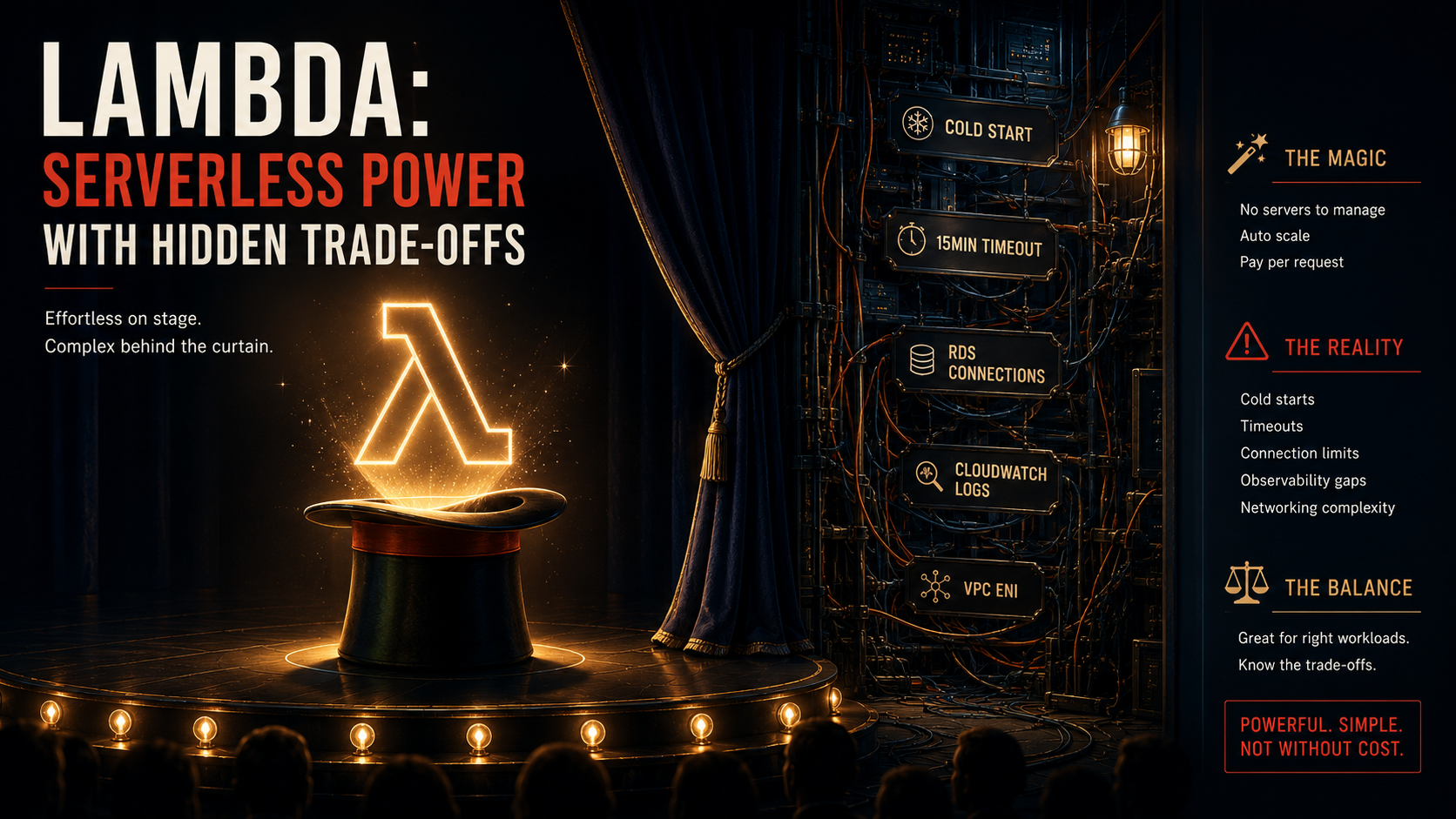 Magician's stage with a glowing Lambda symbol above a top hat, backstage rigging labeled cold start, timeout, RDS connections, CloudWatch logs, and VPC ENI.