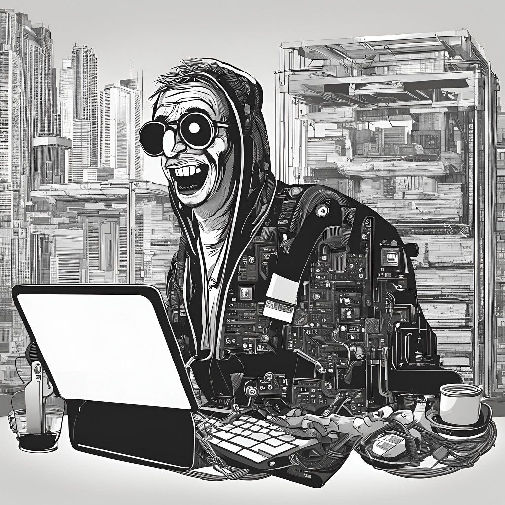 A cartoon illustration: a curious developer in headphones hunched over a laptop, surrounded by sketched gears, circuits, and tools — a metaphor for the engineering retrofit PHP would need to become an ML language.
