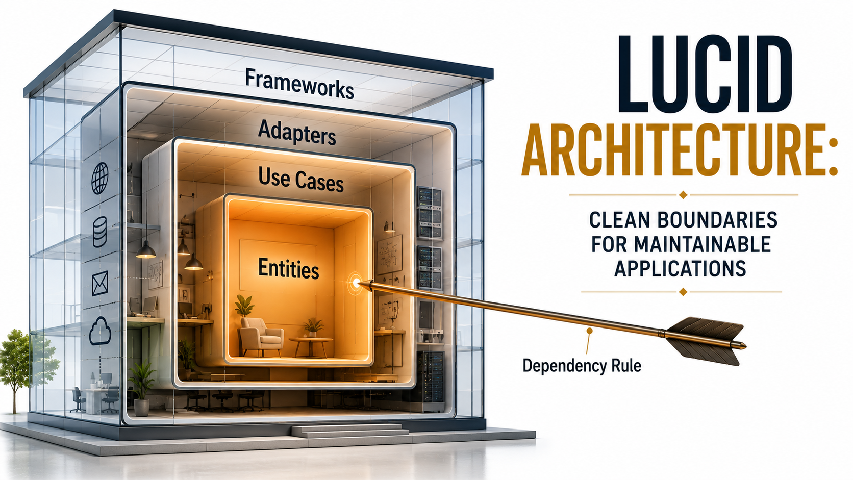 A cross-section of a glass building showing four concentric rooms labeled Entities, Use Cases, Adapters, and Frameworks & Drivers, with a single inward arrow illustrating the dependency rule in clean architecture.