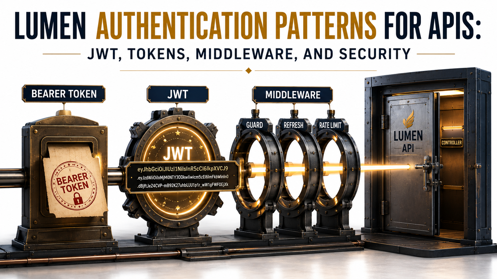 Diagram showing three authentication mechanisms, Bearer Token, JWT, and Middleware, as checkpoints before a guarded API door, with REFRESH token rotation on the right.